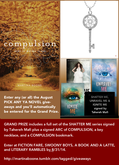 August Giveaway Includes Signed ARC of COMPULSION, Key Necklace, and SHATTER ME, UNRAVEL ME, and IGNITE ME signed by Tahereh Mafi